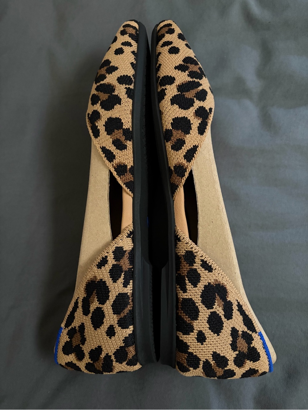 Rothy's Leopard Print Pointed D'Orsay Flats - Tan & Black with Blue Trim - Picture 3 of 9